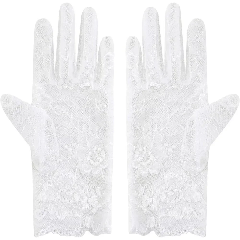 Women's Lvory 04 Floral Short Length Lace Tulle Mesh Wrist Wedding Party Gloves